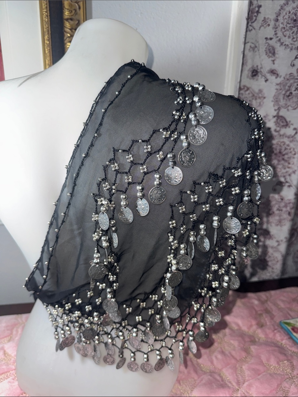 Beaded Coin Fringe Black Zumba belt tie
